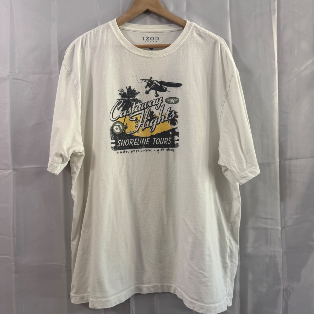 Vtg Izod Jeans Single Stitch White Castaway Flights Shoreline Tours Tshirt XXL